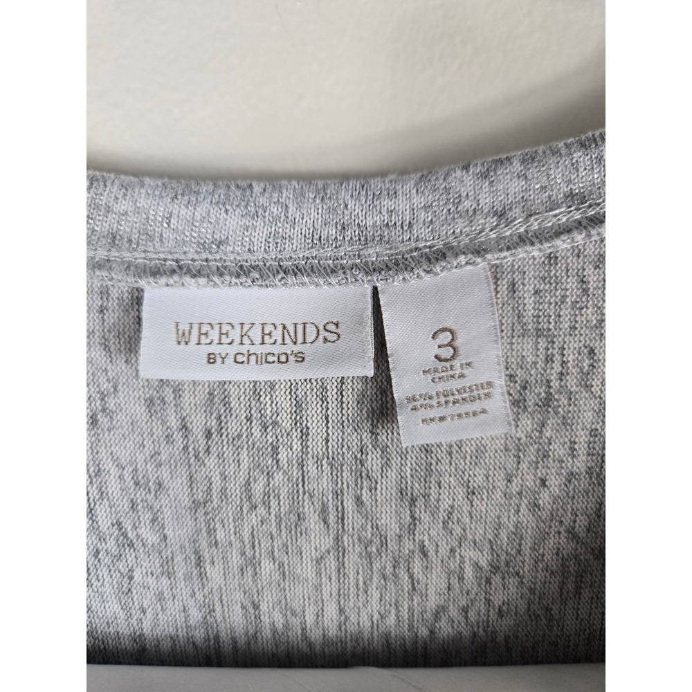 Weekends by Chicos Silver Metallic Animal Print Top Long Sleeve Pocket Gray Sz 3 - Picture 6 of 7